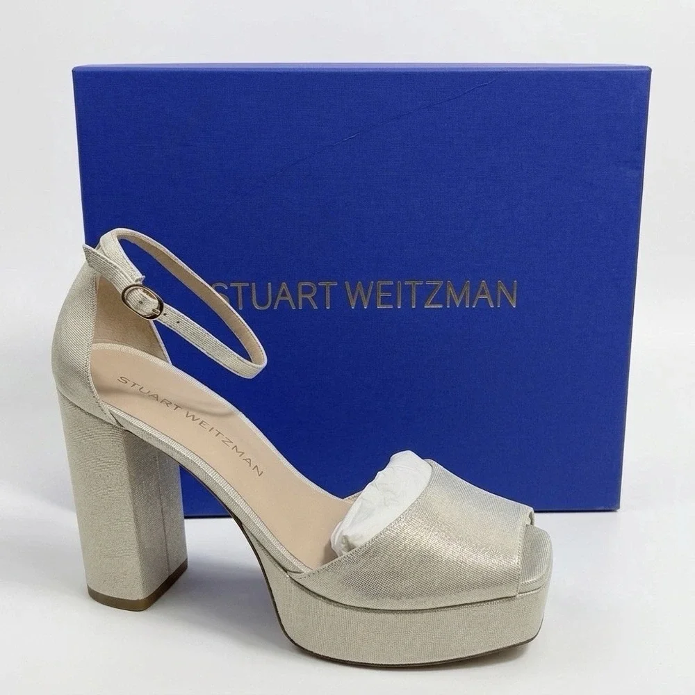Stuart Weitzman Size-8.5B Sabrina Platform Linen Leather Shimmer Beige $575